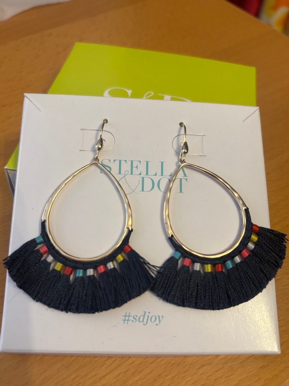 Stella & Dot Modern Bohemian Fringe Navy Tassel Earrings with Multicolor Beads